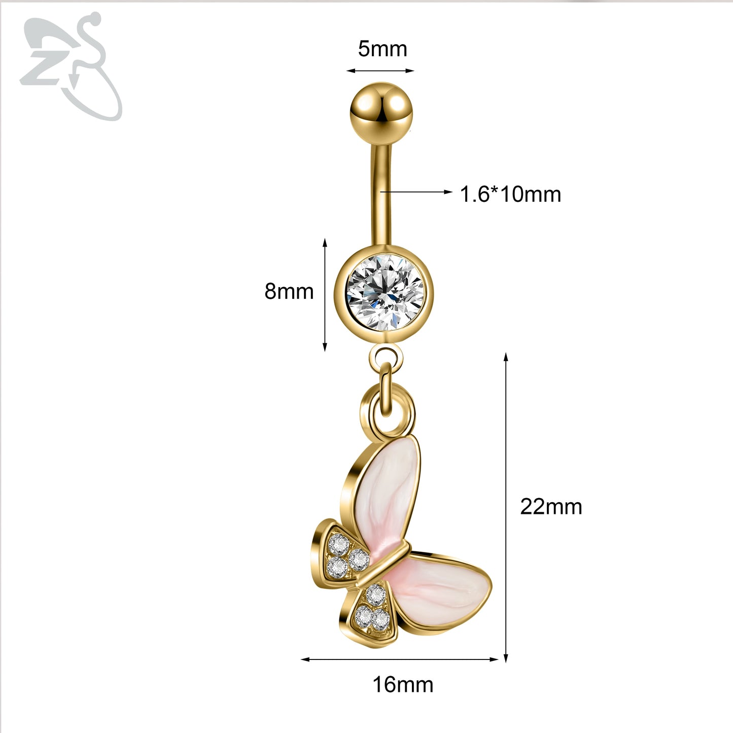 Elegante Gouden Buikring: Kristallen, Roestvrij Staal 14G