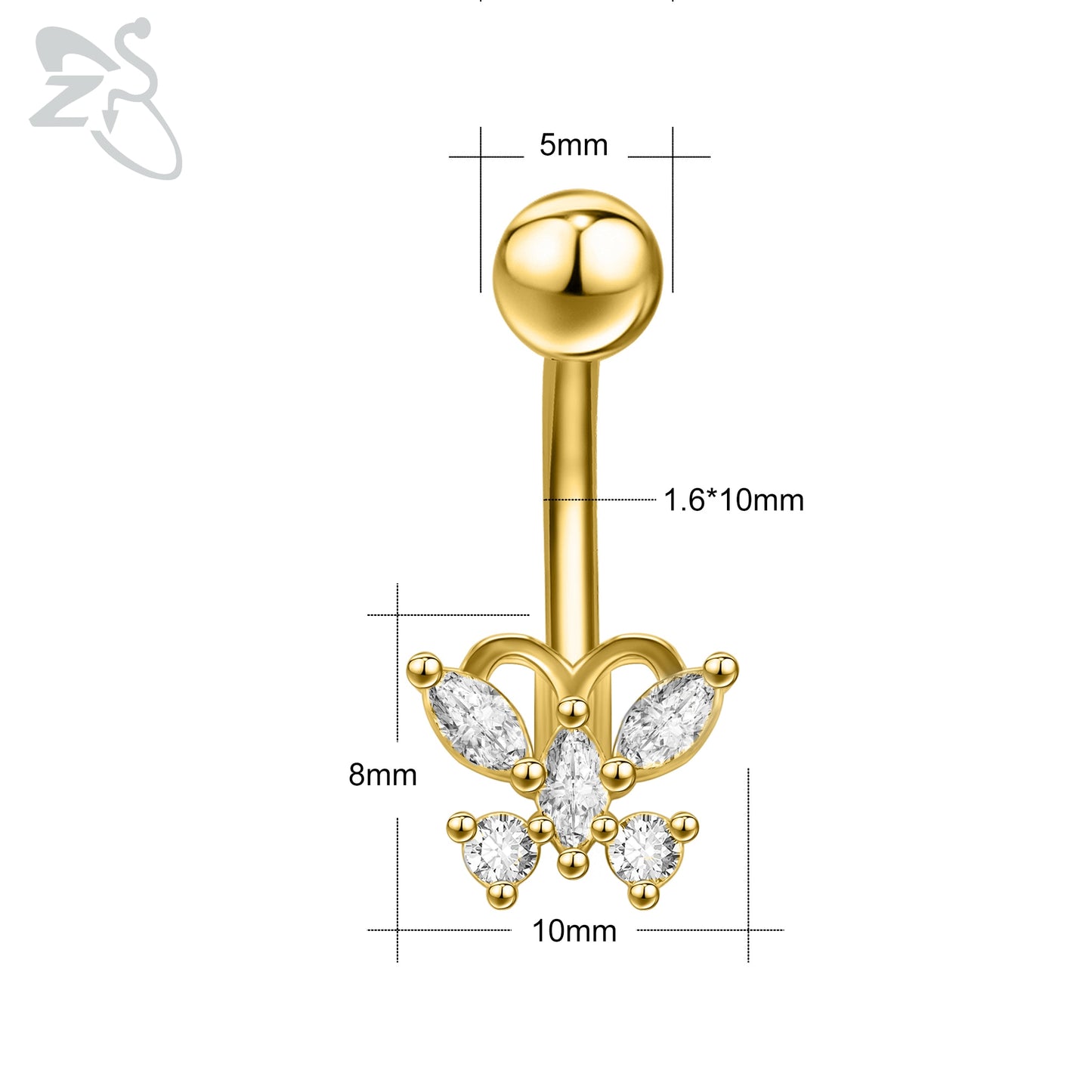 Elegante Gouden Buikring: Kristallen, Roestvrij Staal 14G