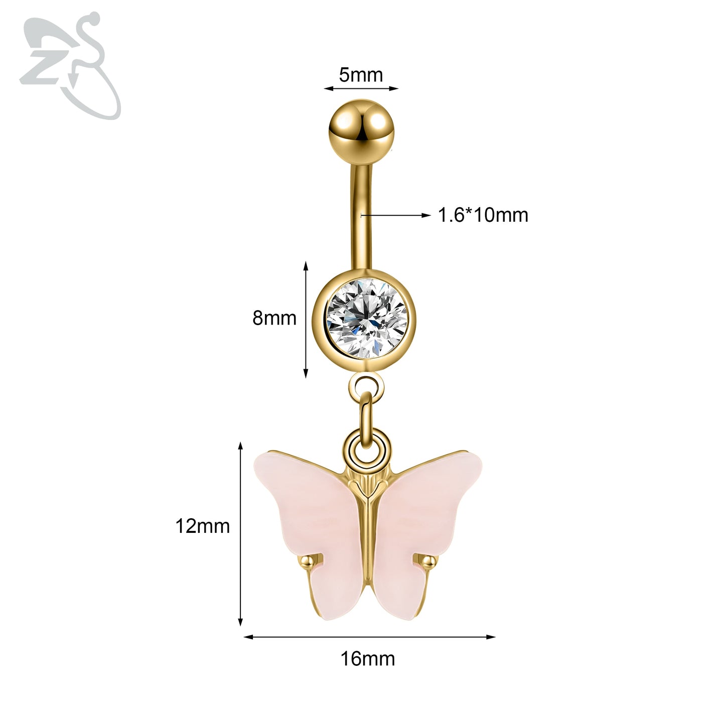 Elegante Gouden Buikring: Kristallen, Roestvrij Staal 14G